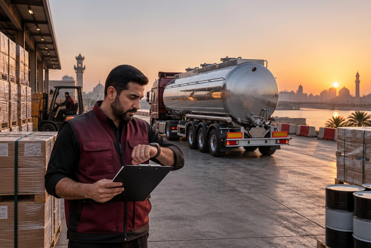 Oil transport dispatcher confirming the delivery timeline